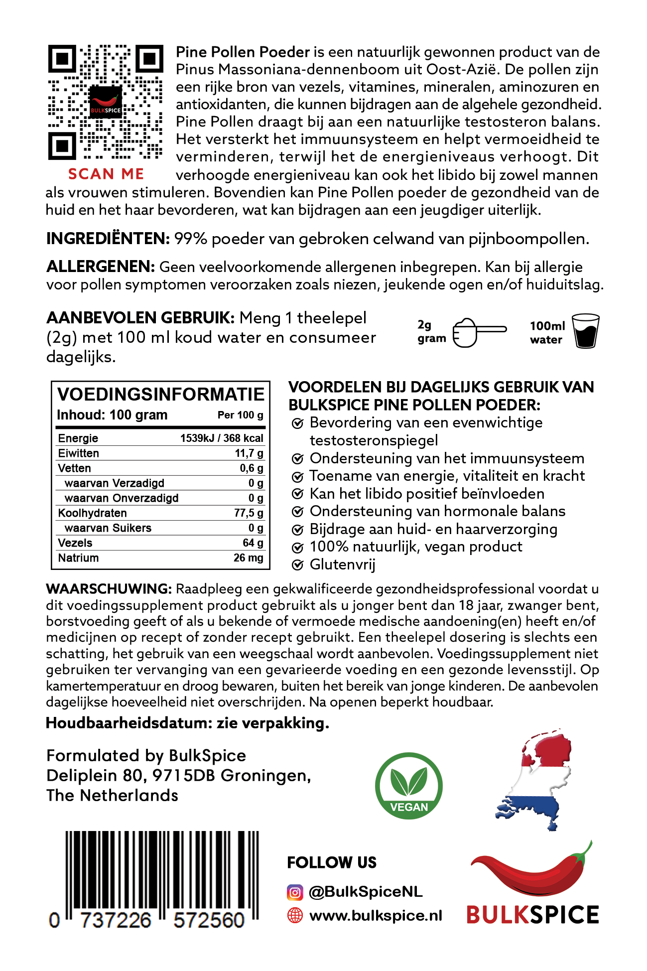 Label verpakking Bulkspice pinepollen poeder